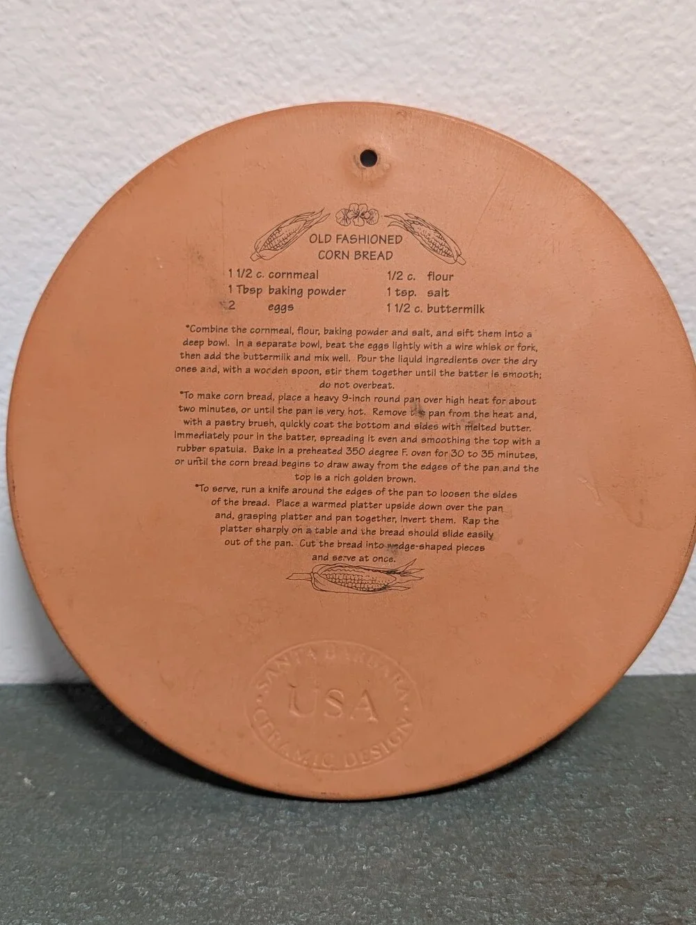 Santa Barbara Designs TerraCotta Old Fashioned Corn Bread Decor Trivet Recipe